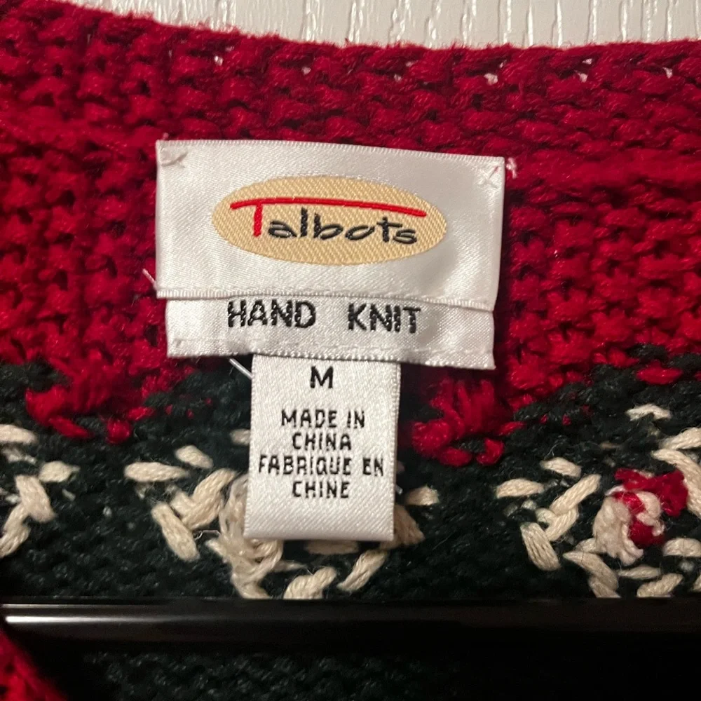 Vintage Talbots Hand Knit Holly Festive Green Red Women's Zip-Up Cardigan Med
